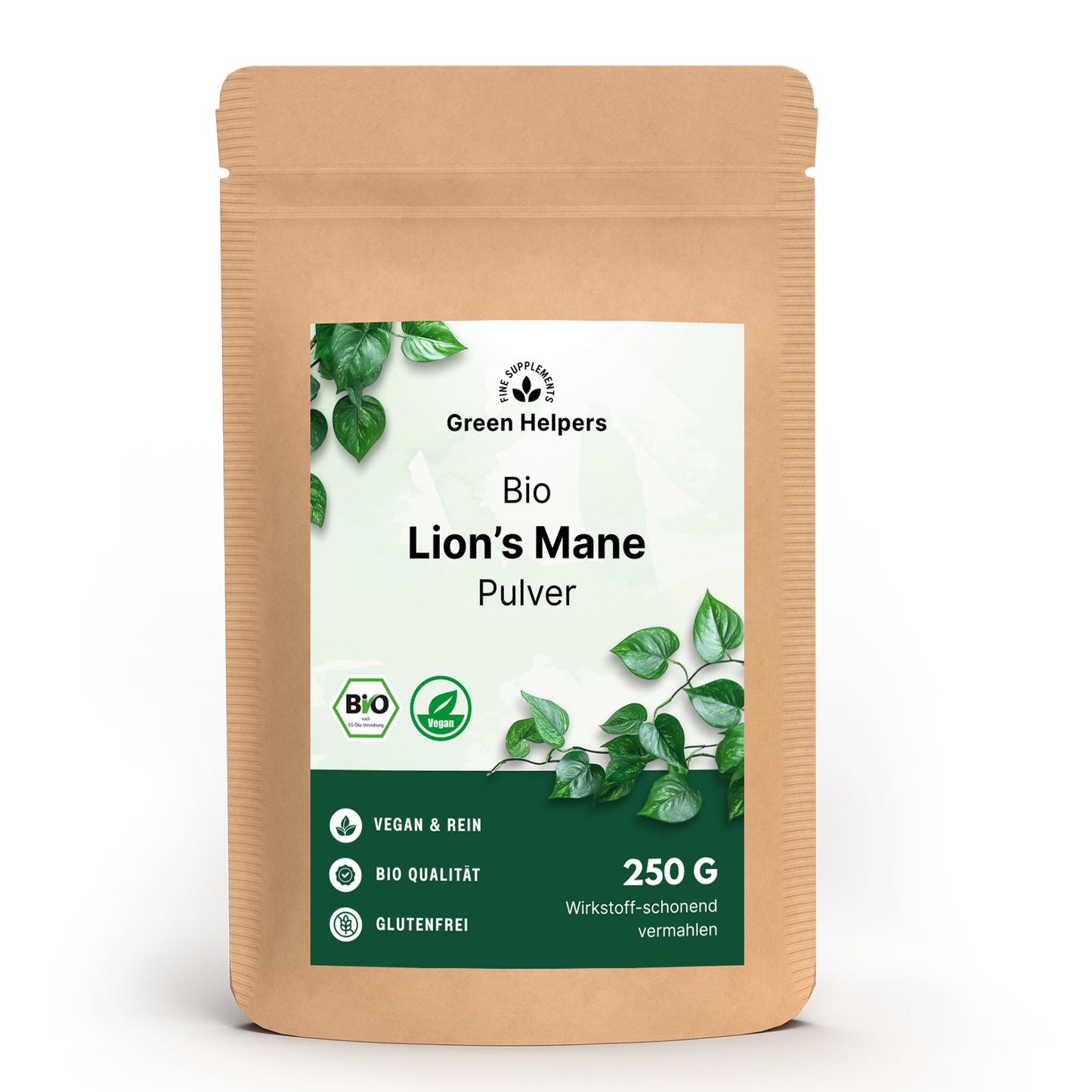 Beutel Bio Lion's Mane Pulver von Green Helpers, 250 g fein gemahlener Fruchtkörper
