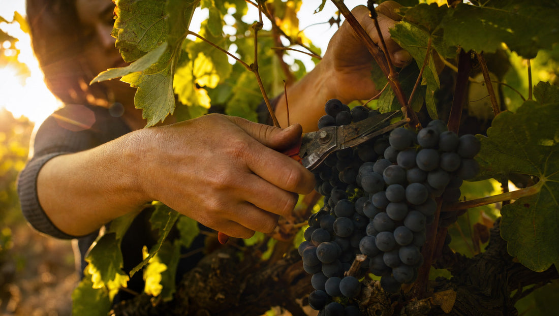 Hände schneiden mit einer Rebschere eine dunkle Weintraube vom Rebstock, Gegenlicht im Weinlaub