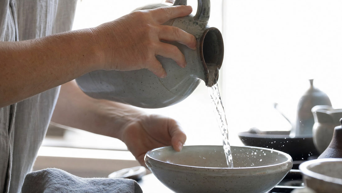 Hände gießen Wasser aus einem Krug in dünnem Strahl in eine Keramikschüssel vor hellem Fenster