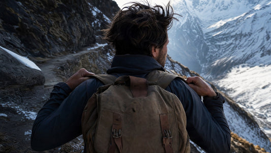 Trekker mit Segeltuchrucksack geht von hinten gesehen einen schmalen Felspfad im Himalaya
