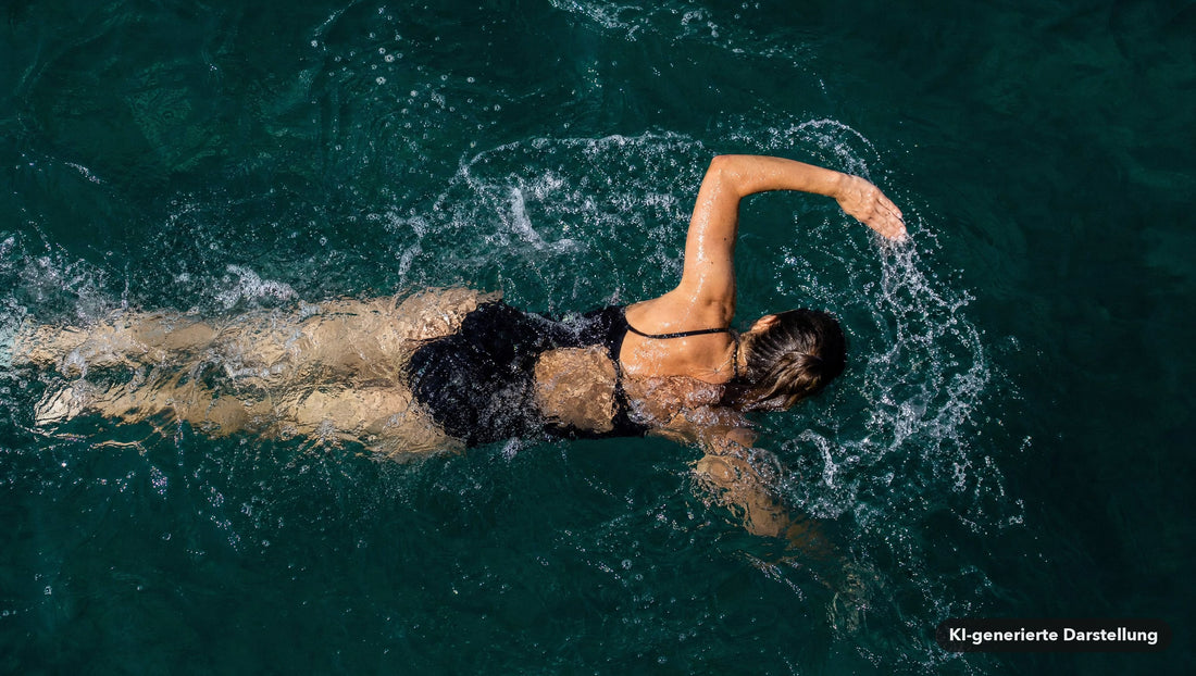 Frau schwimmt von oben gesehen im türkisgrünen Meer, ein Arm durchbricht die Wasseroberfläche (KI-generierte Darstellung)