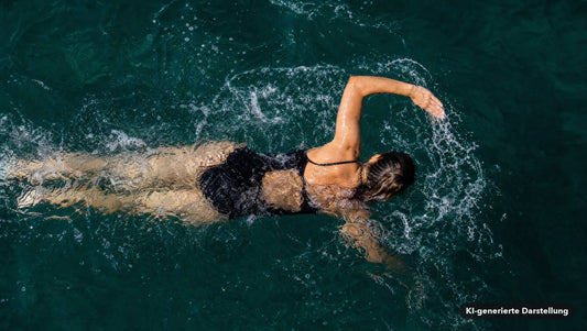 Frau schwimmt von oben gesehen im türkisgrünen Meer, ein Arm durchbricht die Wasseroberfläche (KI-generierte Darstellung)