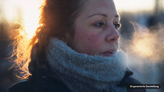 Frau mit Raureif auf Schal und Wimpern atmet in der Frostluft aus, Atemwolke im Gegenlicht (KI-generierte Darstellung)