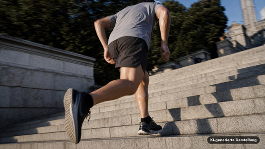 Läufer nimmt im Schritt eine Steintreppe, hartes Morgenlicht wirft lange Schatten (KI-generierte Darstellung)