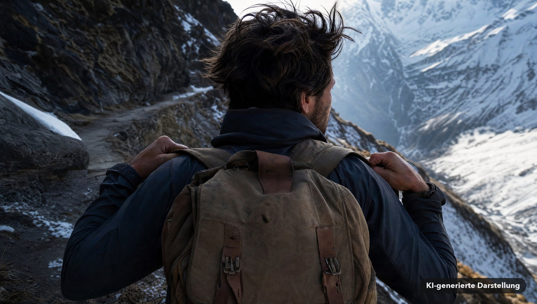 Trekker mit Segeltuchrucksack geht von hinten gesehen einen schmalen Felspfad im Himalaya (KI-generierte Darstellung)