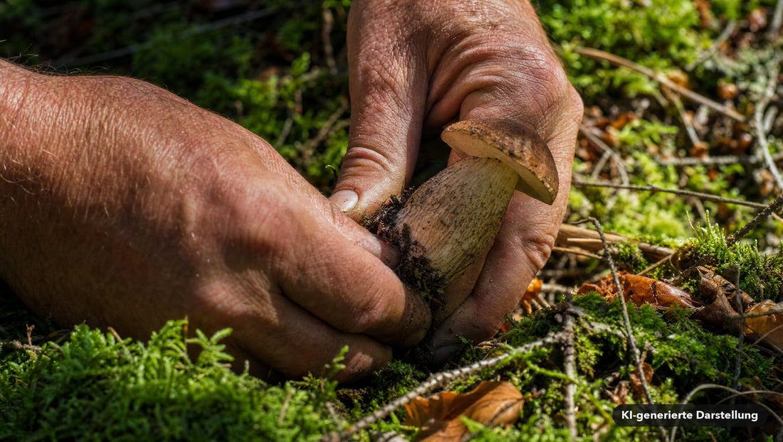 Hände drehen einen Wildpilz aus dem moosigen Waldboden, Erde rieselt zwischen den Fingern (KI-generierte Darstellung)