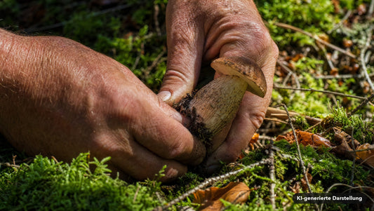 Hände drehen einen Wildpilz aus dem moosigen Waldboden, Erde rieselt zwischen den Fingern (KI-generierte Darstellung)