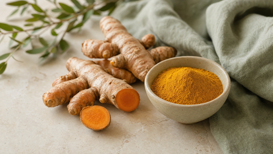 Frische Kurkumawurzeln mit orangefarbenem Anschnitt neben einer Keramikschale mit goldgelbem Kurkumapulver