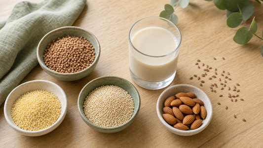 Keramikschalen mit Buchweizen, Hirse, Quinoa und Mandeln auf heller Eiche, daneben ein Glas Pflanzendrink und Leinsamen
