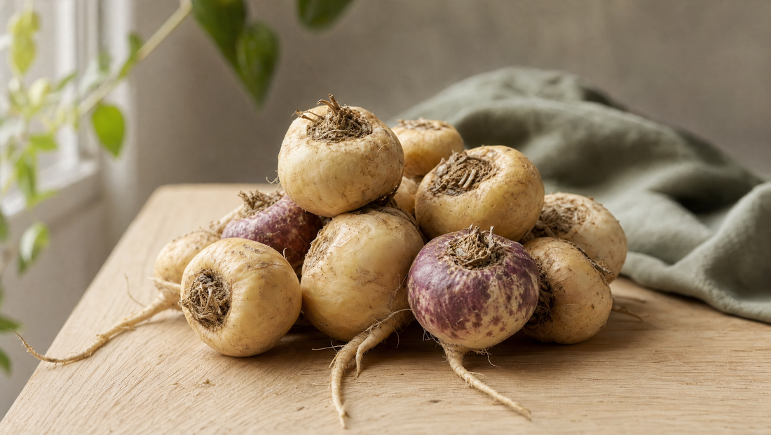 Frisch geerntete Maca-Knollen auf einem hellen Holzbrett, cremefarben und teils violett, mit dünnen Wurzelenden