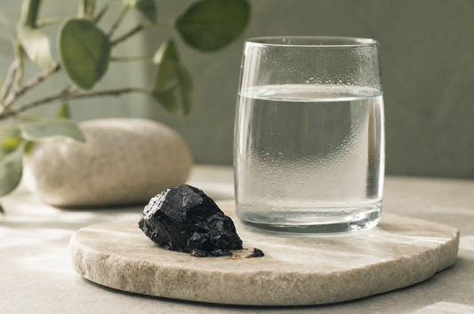 Shilajit-Harz auf Naturstein neben einem Glas Wasser