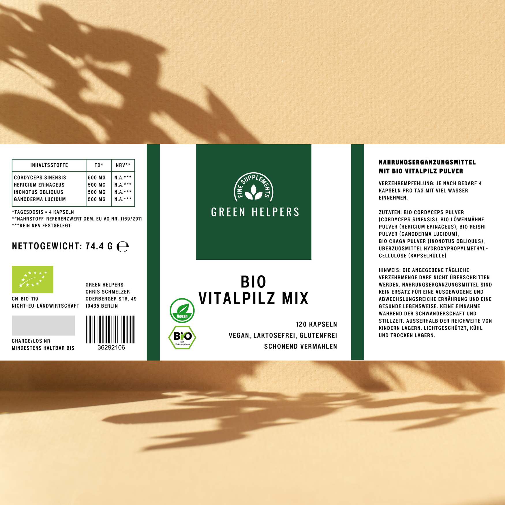 Vitalpilze Kapseln kaufen Bio Vitalpilzmischung Etikett