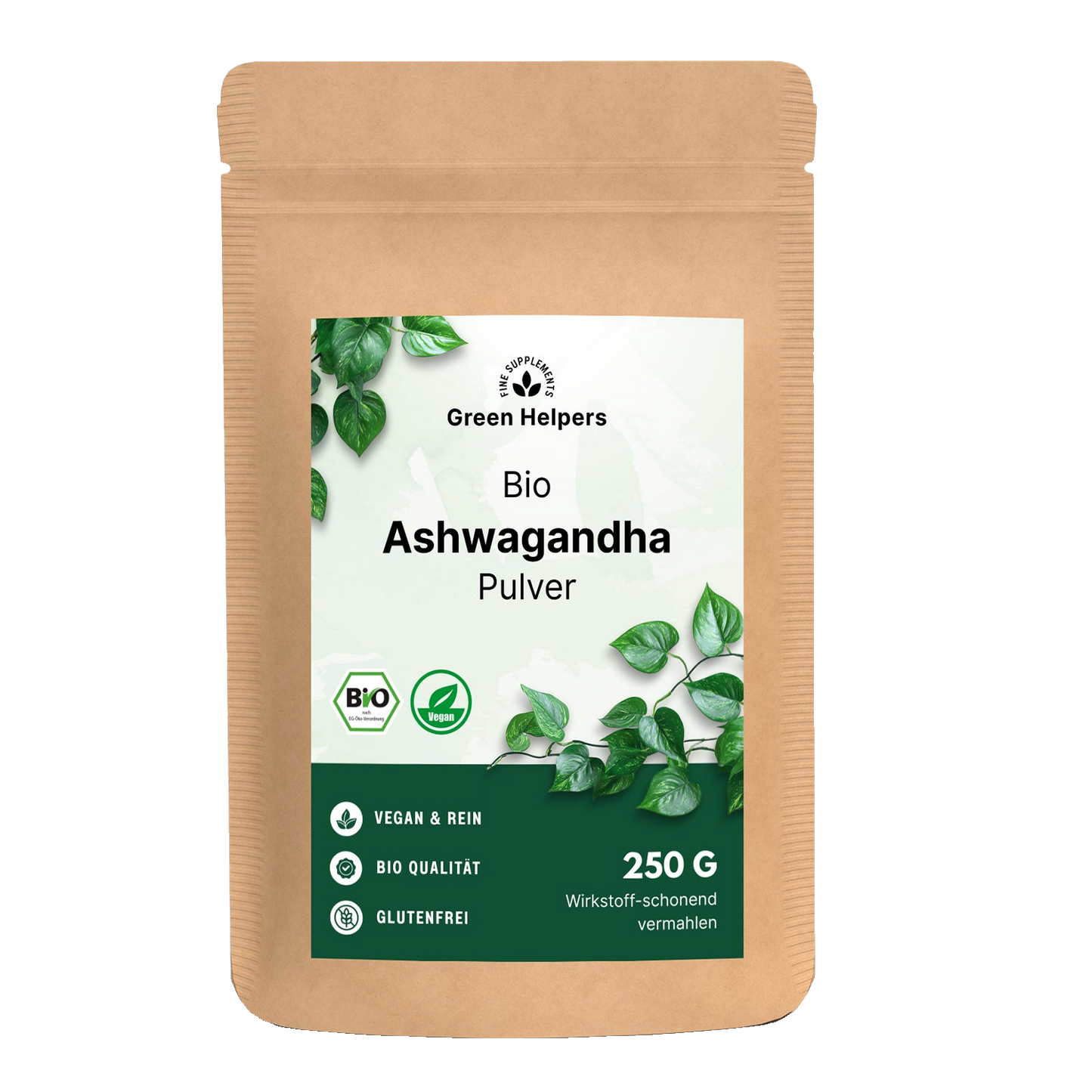 Bio Ashwagandha Pulver 250 g im Kraftbeutel von Green Helpers, freigestellt
