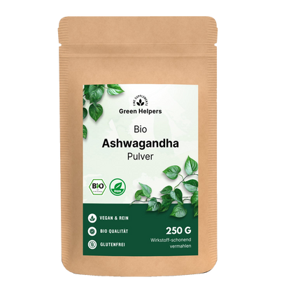 Bio Ashwagandha Pulver 250 g im Kraftbeutel von Green Helpers, freigestellt