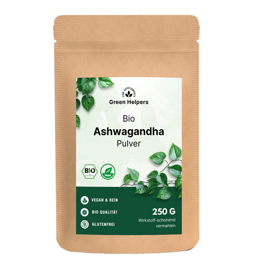 Bio Ashwagandha Pulver 250 g im Kraftbeutel von Green Helpers, freigestellt