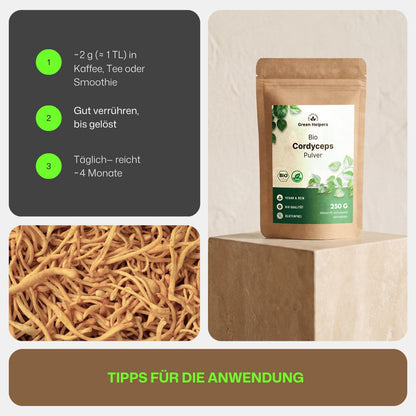 Bio Cordyceps Pulver von Green Helpers, Tipps fuer die Anwendung