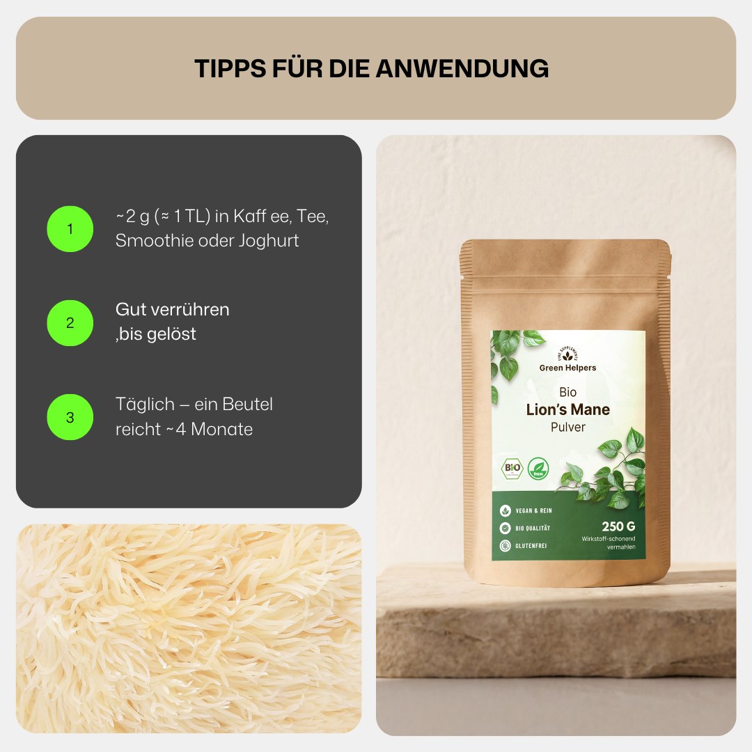 Bio Lion's Mane Pulver von Green Helpers, Tipps fuer die Anwendung