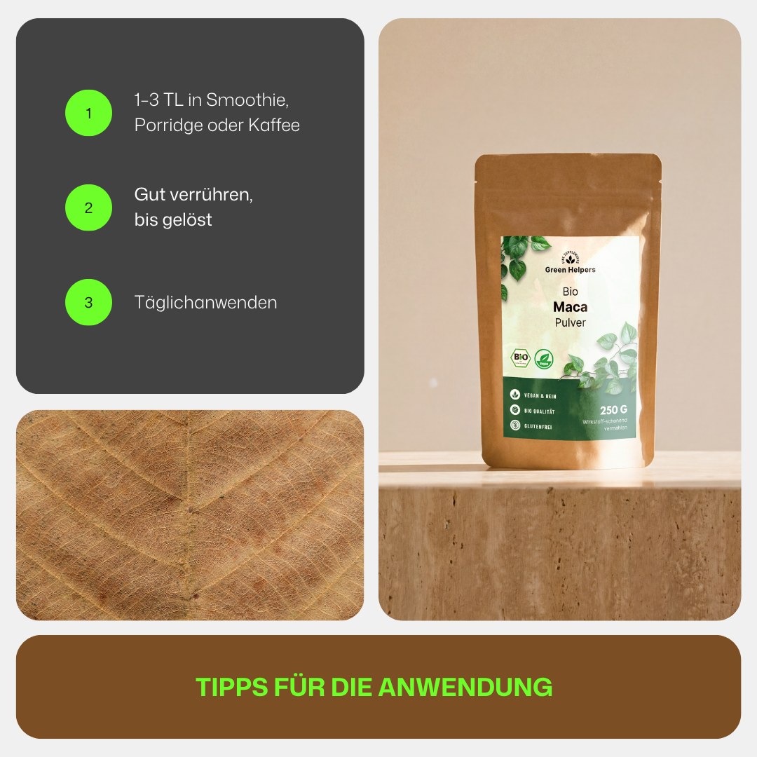 Bio Maca Pulver von Green Helpers, Tipps fuer die Anwendung