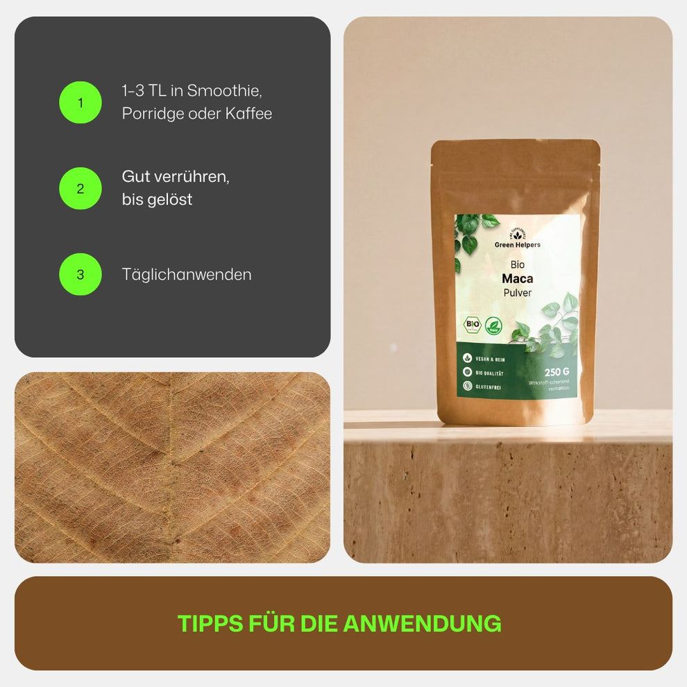Bio Maca Pulver von Green Helpers, Tipps fuer die Anwendung