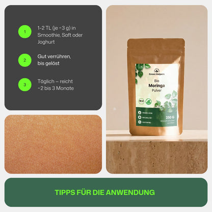 Bio Moringa Pulver von Green Helpers, Tipps fuer die Anwendung