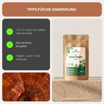 Bio Reishi Vitalpilz Pulver von Green Helpers, Tipps fuer die Anwendung