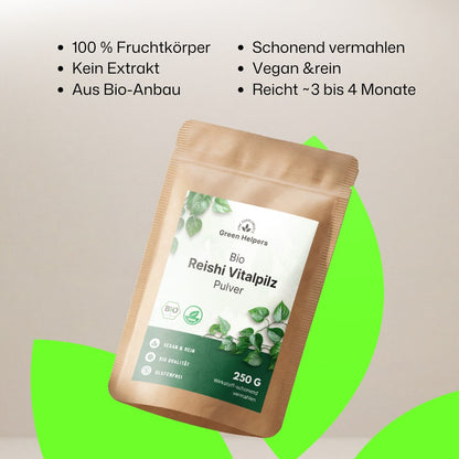 Bio Reishi Vitalpilz Pulver von Green Helpers, Produktvorteile im Ueberblick