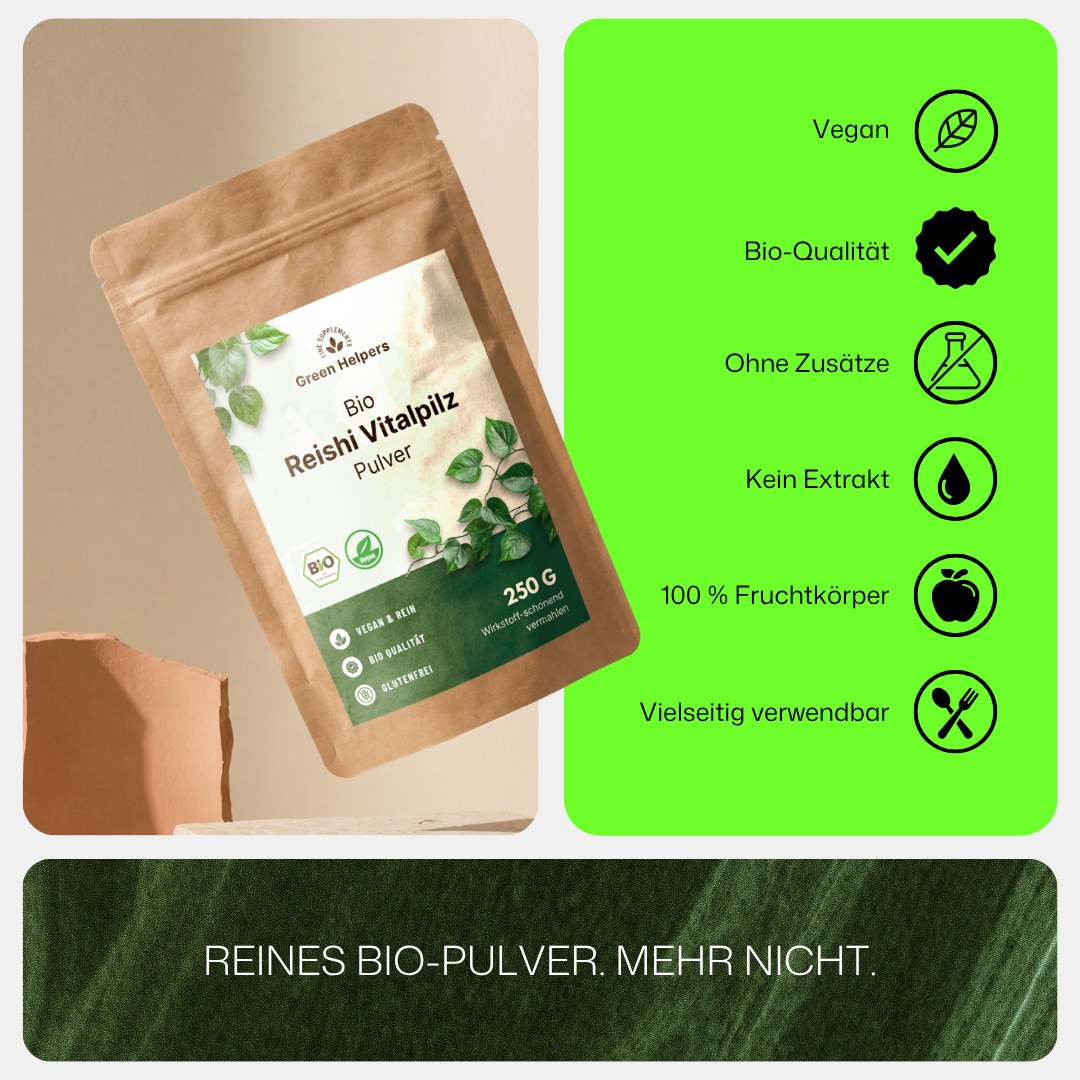 Bio Reishi Vitalpilz Pulver von Green Helpers, reines Bio-Pulver