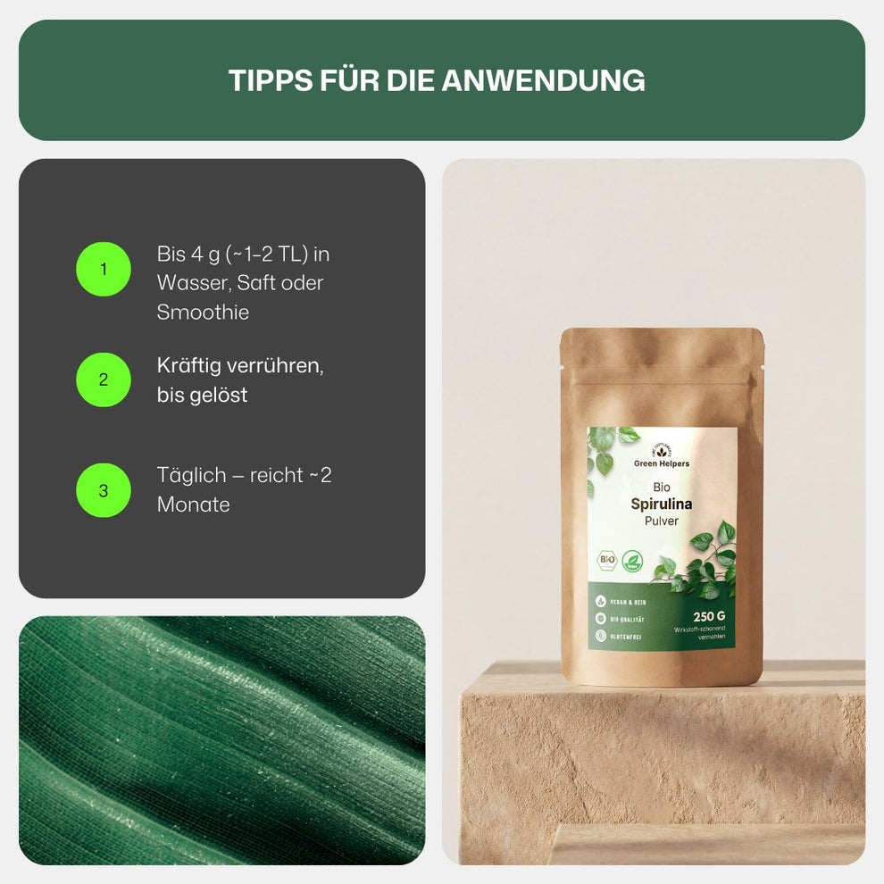 Bio Spirulina Pulver von Green Helpers, Tipps fuer die Anwendung