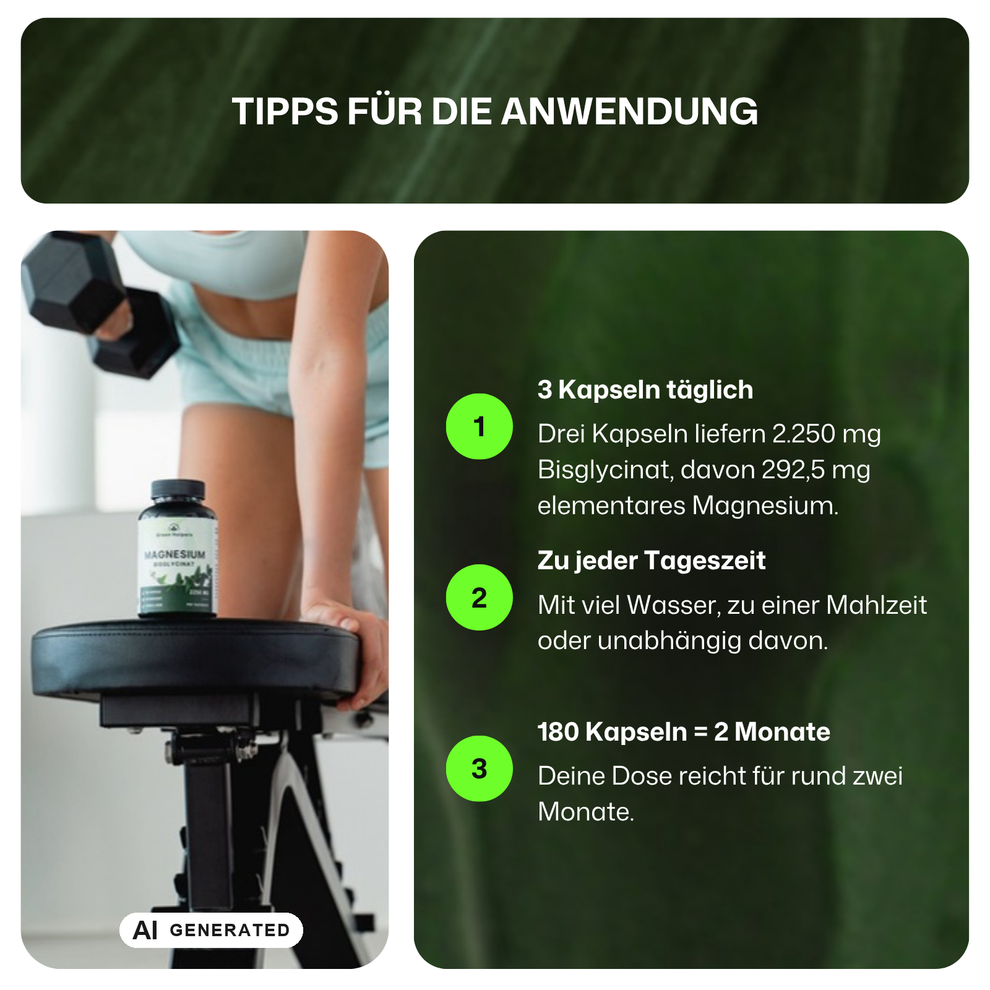 Magnesium Bisglycinat Kapseln von Green Helpers – Anwendungstipps, Szene mit KI erstellt, Produktabbildung ist ein echtes Foto