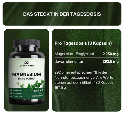 Tagesdosis Magnesium Bisglycinat Kapseln: 2.250 mg Magnesium-Bisglycinat, davon 292,5 mg elementares Magnesium