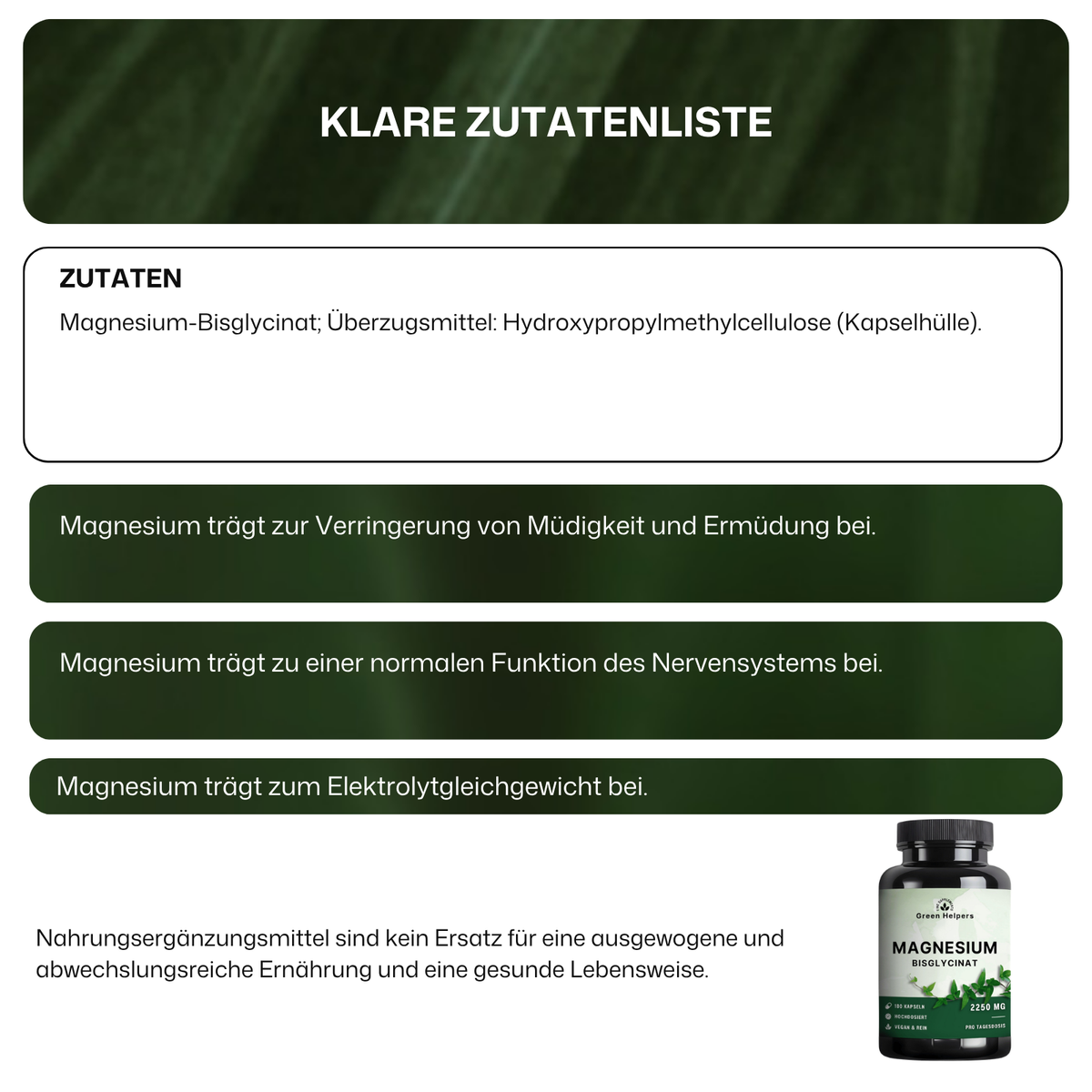 Zutatenliste der Magnesium Bisglycinat Kapseln von Green Helpers
