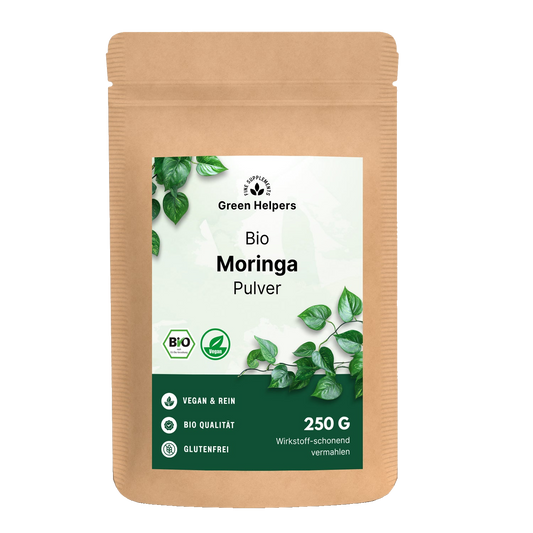 Bio Moringa Pulver 250 g im Kraftbeutel von Green Helpers, freigestellt