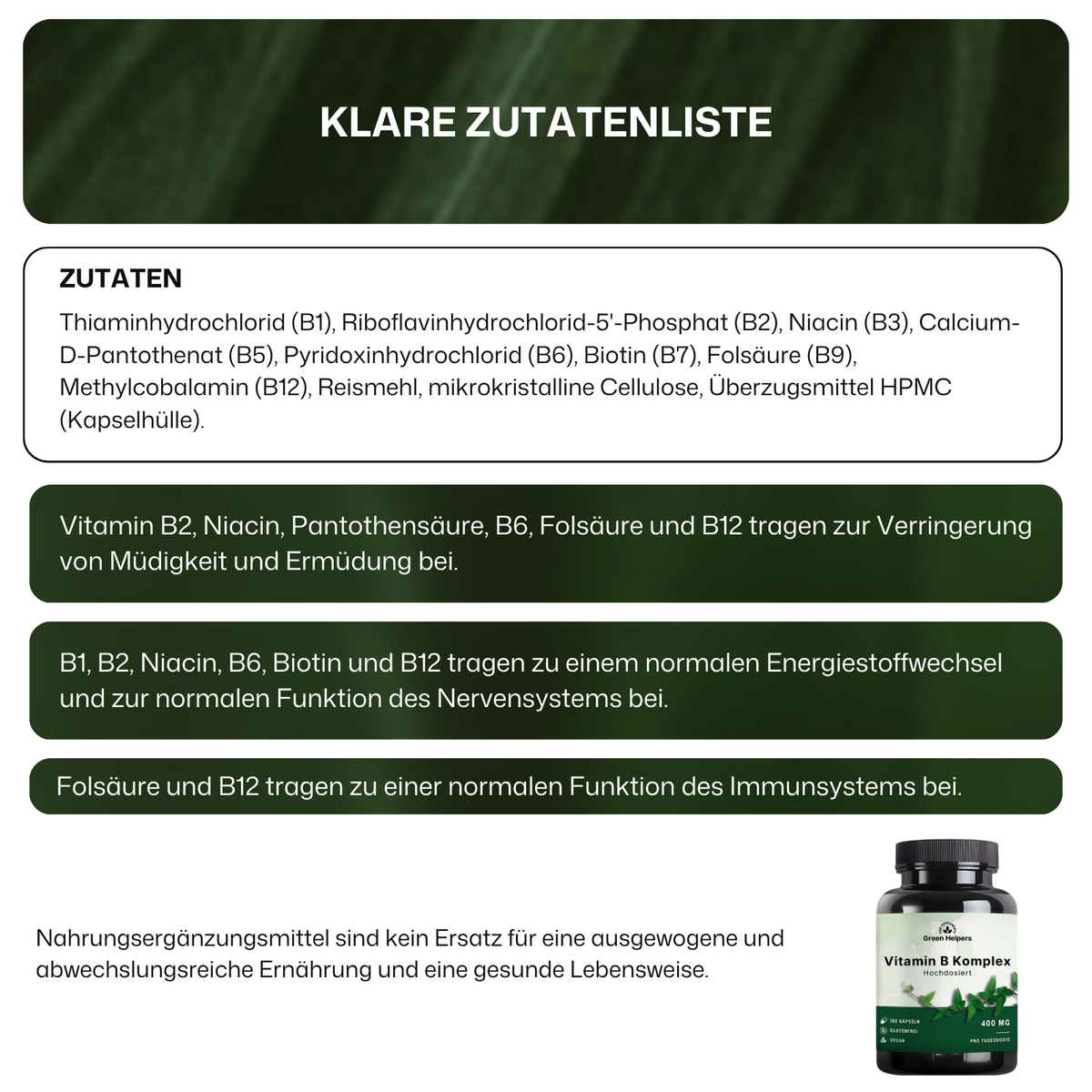 Zutatenliste der Vitamin B Komplex Kapseln von Green Helpers